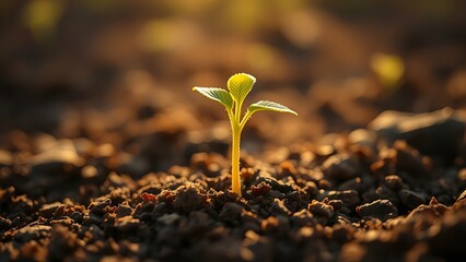 Young sapling emerging from rich soil, sunlight filtering through leaves in a detailed macro view.