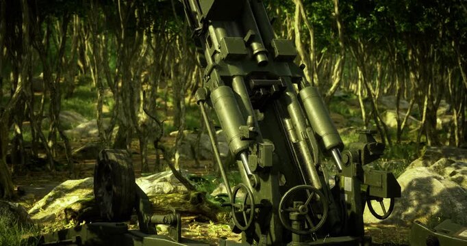 A formidable artillery piece stands poised amidst a vibrant forest, framed by lush greenery and scattered rocks, ready for action in a tranquil yet tense environment.