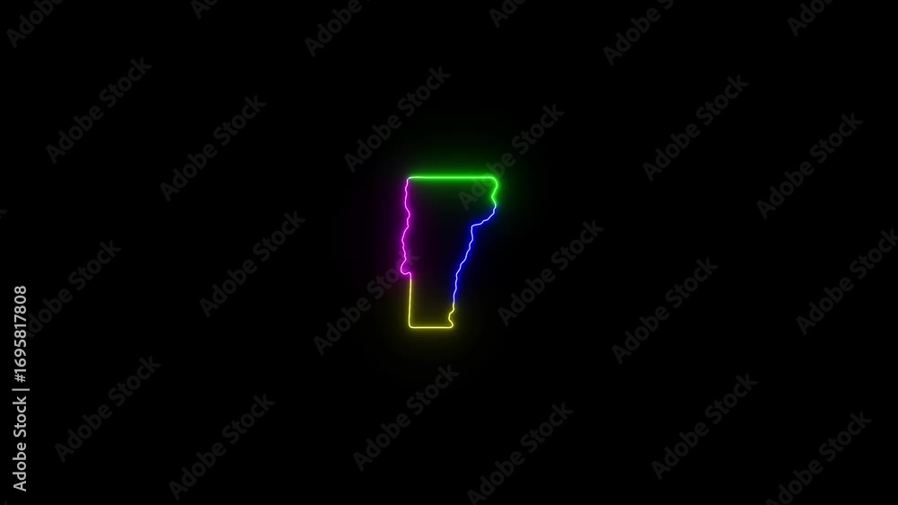 Poster this video neon glowing vermont map animated. zoom showing colorful use map with black background.