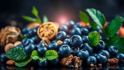 A vibrant still life of blueberries, nuts, and greens glowing against a dark background.