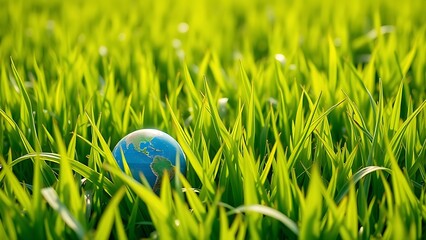 A small globe resting on lush green grass, symbolizing environmental awareness and global unity.