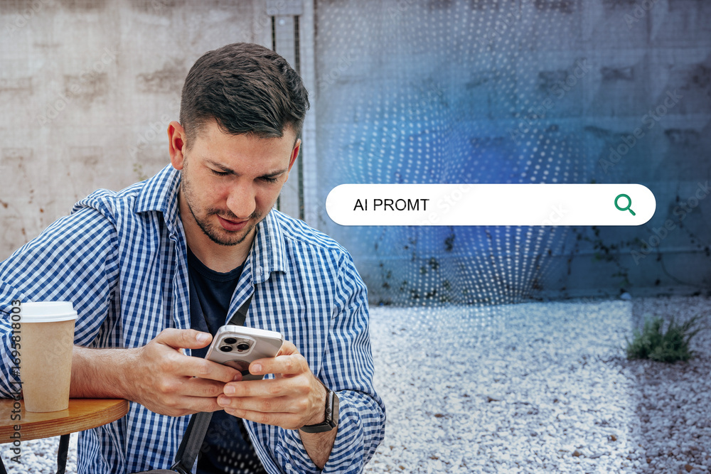 Aufkleber man using smartphone to search online in an urban environment during daytime