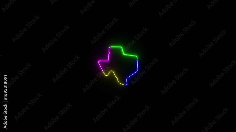 Poster this video neon glowing texas map animated. zoom showing colorful use map with black background.