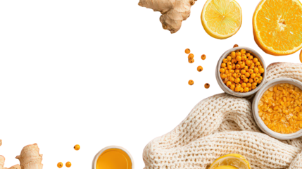Overhead View of Turmeric, Lemon, Ginger, and Honey on Knitted Fabric
