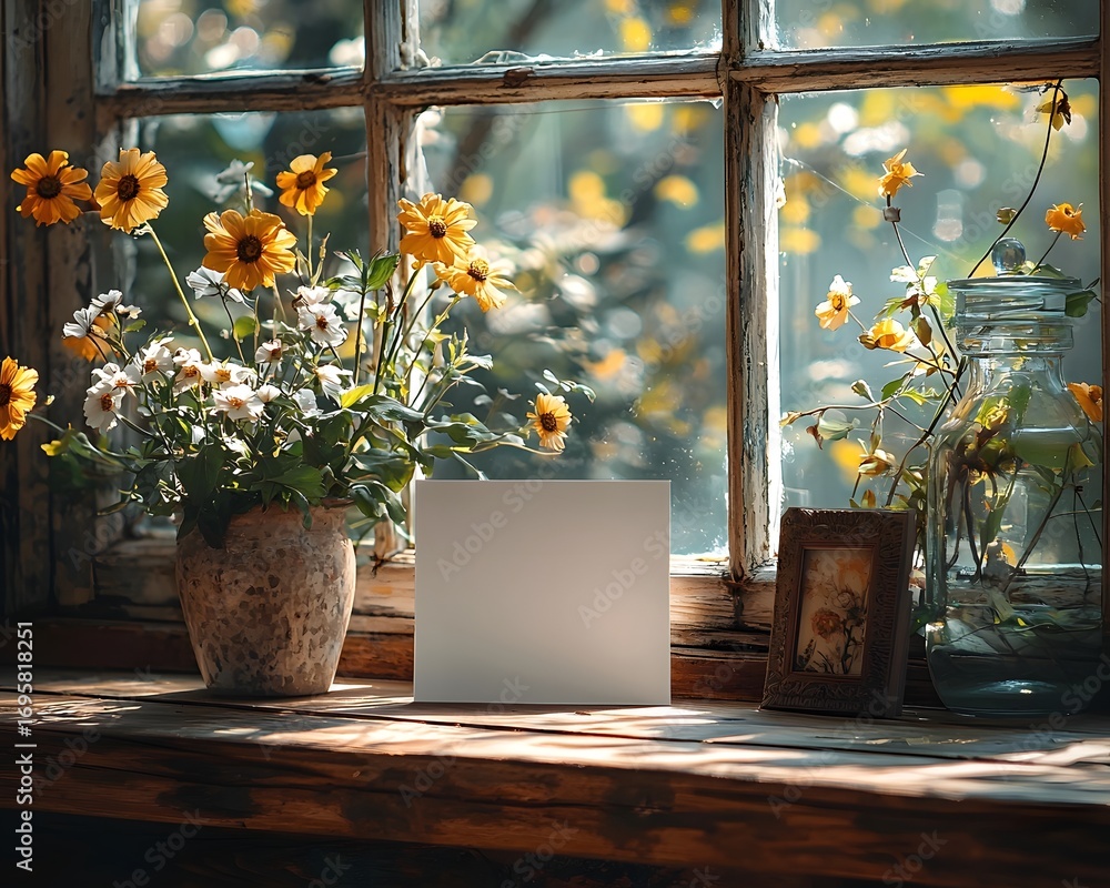 Aufkleber a rustic ill displays a vase of flowers a framed picture and a blank card illuminated by soft diffus