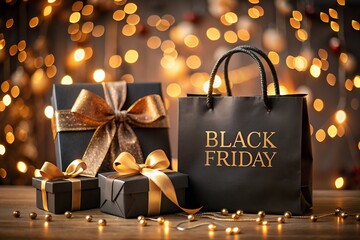 Black Friday shopping with gift boxes and a bag against a bokeh background