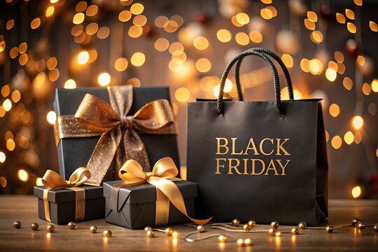 Black Friday shopping with gift boxes and a bag against a bokeh background - Powered by Adobe
