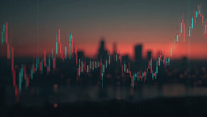 Financial charts overlaid on a cityscape at dusk