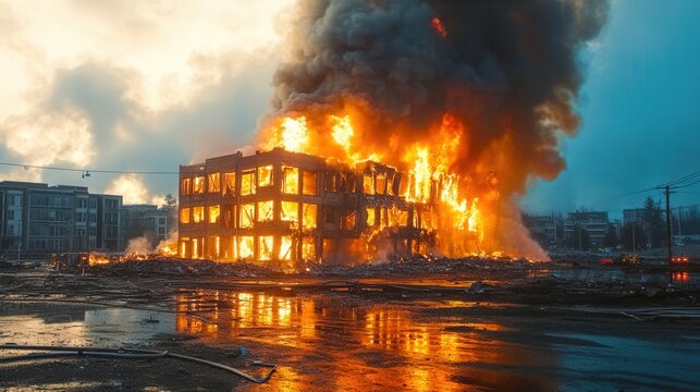 Dramatic scene of a building completely consumed by a raging fire, with intense flames and thick smoke.