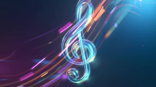 Musical Symphony of Light: A luminous treble clef gracefully weaves through a vibrant tapestry of colorful light streaks, embodying the rhythm and harmony of sound within a visually stunning design.