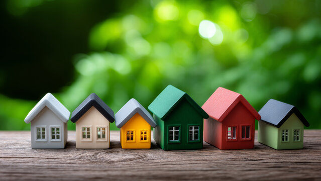 Affordable new home house models represent real estate sale options with colorful miniature designs on wooden surface and green background
