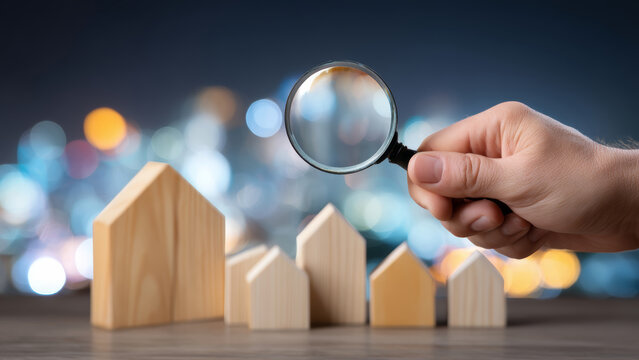 Affordable new home sale with real estate focus shown by hand holding magnifying glass over wooden house models