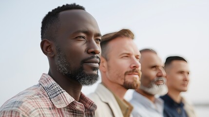 A group of diverse men from different cultural backgrounds stand together, gazing forward with confidence and unity. The portrait emphasizes inclusion, leadership, strength, and hope for the future 
