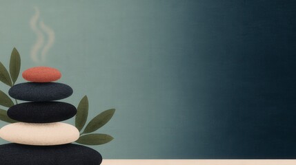 Stacked Massage Stones with Gentle Steam and Leaves