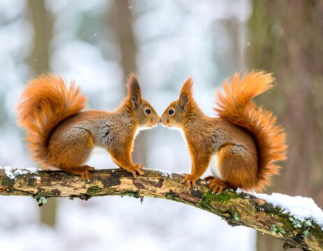 Two red squirrels face each other in winter