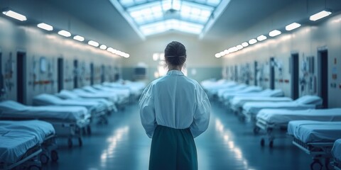 A medical professional stands in a hospital corridor lined with empty beds.