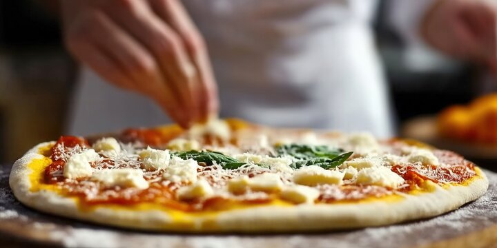 Chef's hands preparing a mouthwatering pizza with fresh ingredients. - Powered by Adobe