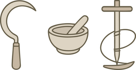 Hand tools sickle mortar and pestle and gyroscope line icons