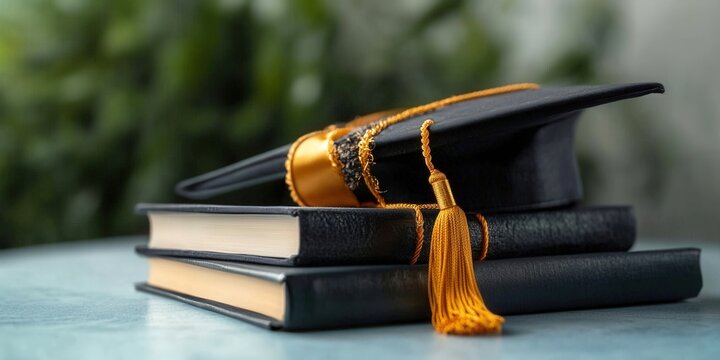 Graduation cap and books are symbols of education and academic success.