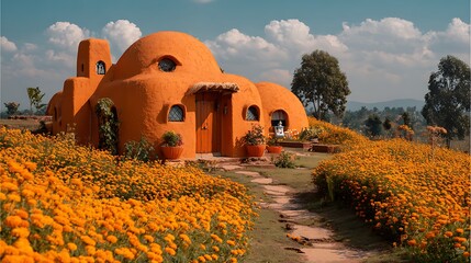 Orange Dome House Amidst a Field of Orange Flowers