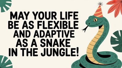Obraz premium Bright and cheerful greeting card featuring a playful snake in a festive party hat celebrating life’s adaptability. Reptile Awareness Day and National Reptile Day