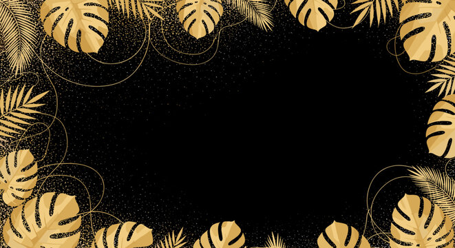 Elegant black background with golden tropical leaves and swirling glitter accents for celebrations and events