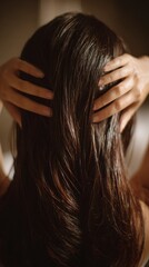 Woman with long hair holding her head while relaxing indoors  