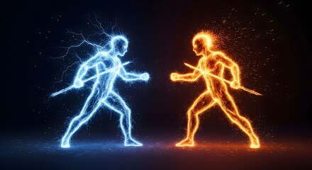 Fototapeta premium Futuristic Energy Battle Concept with Blue Electric Warrior and Fiery Orange Flame Fighter Facing Each Other in Combat Pose on Dark Background