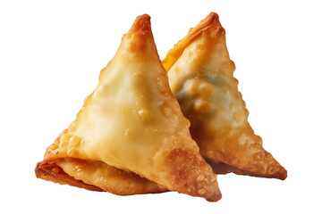 Sambousek small crescent baked dumpling with twisted and pinched crust with cheese or meat, isolated on isolated white transparent background, concept of Arabic ethnic cuisine