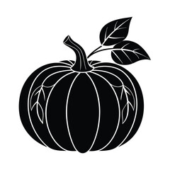 Black silhouette of a ripe pumpkin with green leaves and stem perfect for autumn harvest designs