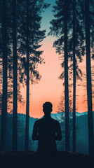 Serene forest landscape with silhouettes of tall pine trees at sunset capturing peaceful nature scenery outdoor wilderness and tranquil evening environment
