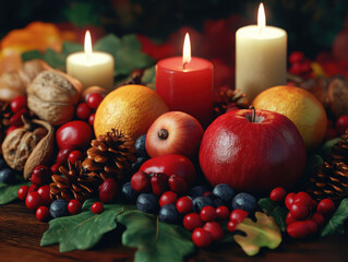 Elegant autumn and holiday centerpiece with candles apples pinecones berries leaves creating warm cozy ambiance and festive decor for seasonal celebrations