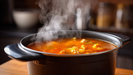 Hearty meal cook home kitchen budget friendly stew simmering with steam and warm spices evoking comfort and cozy family dinner