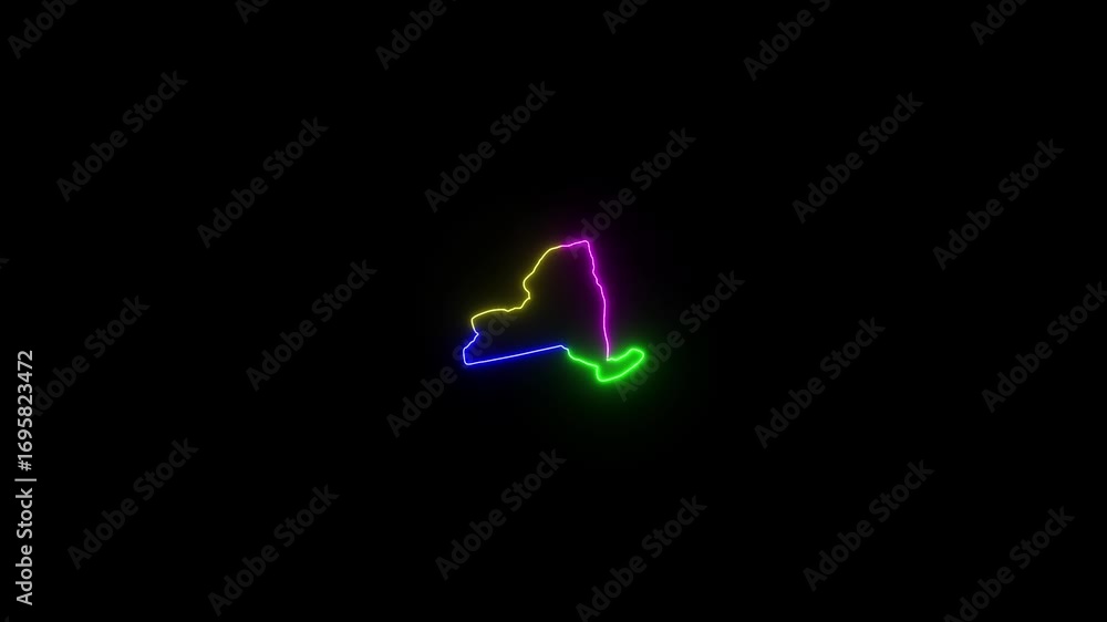Poster this video neon glowing new york map animated. zoom showing colorful use map with black background.
