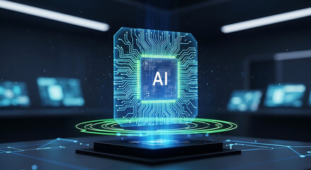 Illuminated ai chip with glowing circuits and green rings hovering above a dark surface in a tech room ai generated