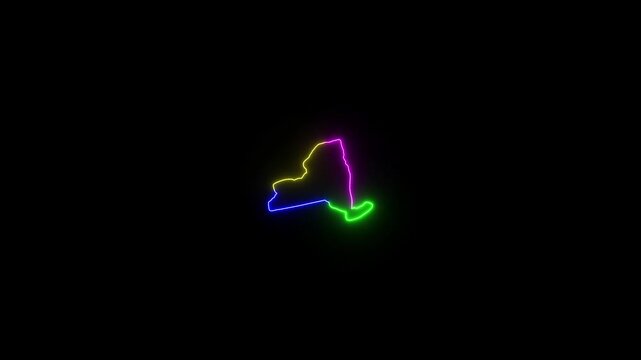 This video neon glowing New York  map animated. Zoom showing  colorful  USE map with black background.