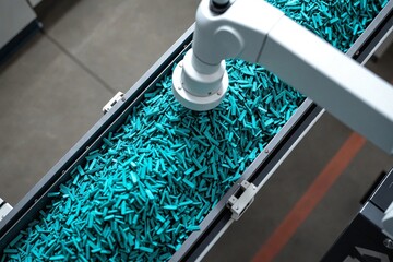 Sustainable circular economy process showing disassembly, automated sorting, and remanufacturing of products in a high-tech factory.