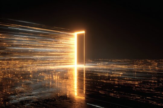 Glowing door opening to reveal streams of digital light.
