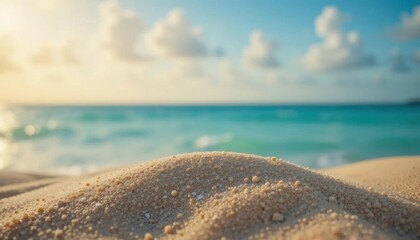 Beautiful beach scene with soft sand turquoise ocean waves vibrant sky scenic coastline and tranquil sunset creating a peaceful outdoor landscape