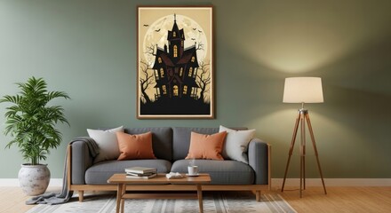Spooky Halloween haunted house art print above sofa adds eerie charm to modern living room decor in olive green aesthetic