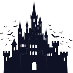 Obraz premium Mysterious dark castle silhouette against a bright sky with flying bats.