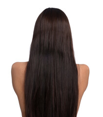 Woman with damaged hair before lamination procedure on white background, back view