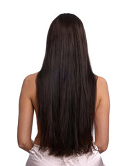 Woman with damaged hair before lamination procedure on white background, back view