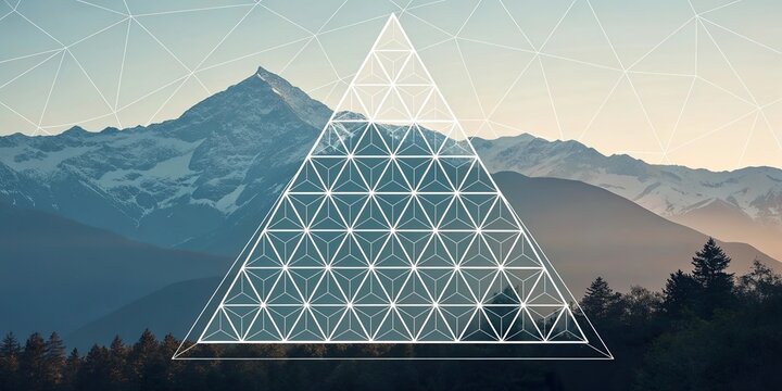 Triangular low poly design overlays majestic mountain range under a golden sunrise in a serene valley setting