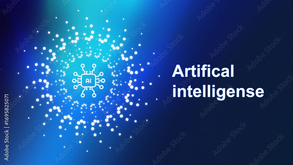 Poster innovative concept design illustrating artificial intelligence with a mesmerizing blue particle back