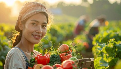Smiling Farmer Woman Harvesting Fresh Vegetables