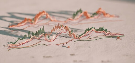 Multi-colored, 3D-like financial charts on light beige surface
