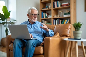 Senior man having a telehealth consultation with a doctor via laptop in the comfort and authenticity of his modern, well-lit home.