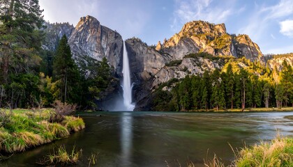 Yosemite National Park's iconic waterfall, Yosemite Falls, cascades down a majestic cliff into a serene river reflecting the surrounding natural beauty of pine trees and mountains