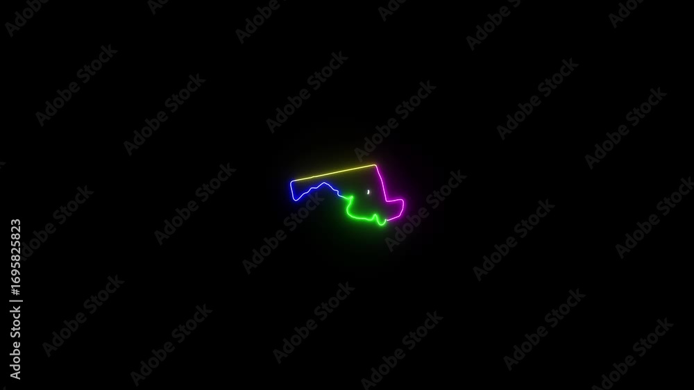 Poster this video neon glowing maryland map animated. zoom showing colorful use map with black background.